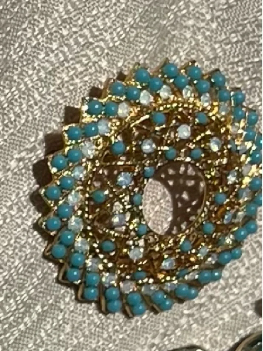 Gold-Tone Brooch with Turquoise Beads and Clear Stones - Women Jewelry